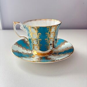 Elizabethan Fine Bone China Tea Cup Saucer Turquoise Gold Filigree Made England